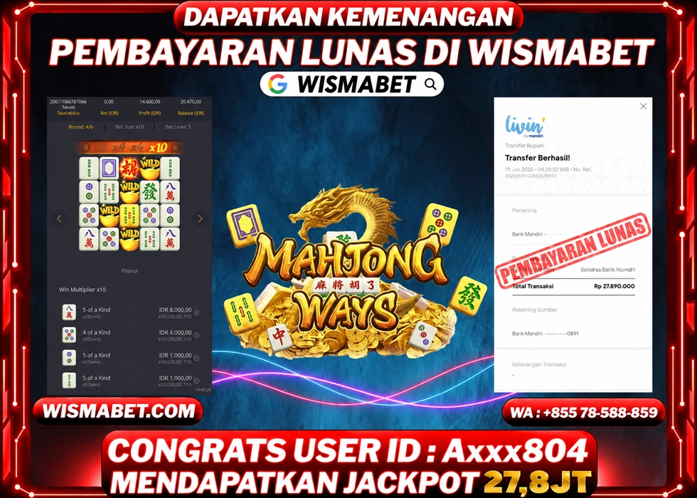 WISMABET - BUKTI KEMENANGAN Mahjong Ways Rp27,800,000,- LUNAS